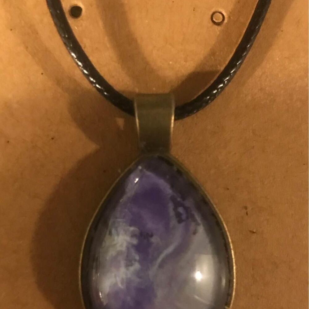 Hand painted purple teardrop pendant on black wax cord necklace